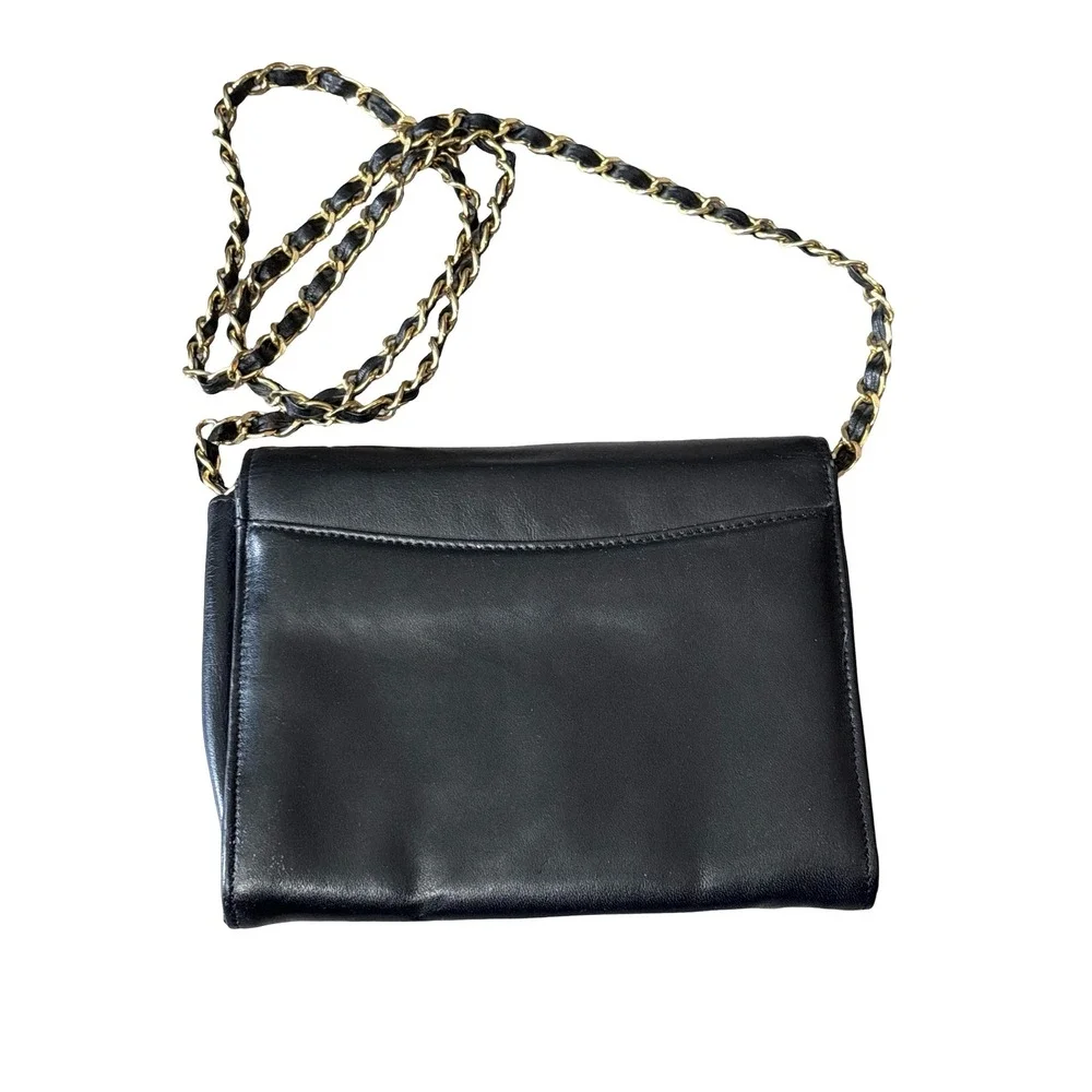 Monet Vintage Black Leather Crossbody Bag Gold Chain Strap Small Envelope Purse